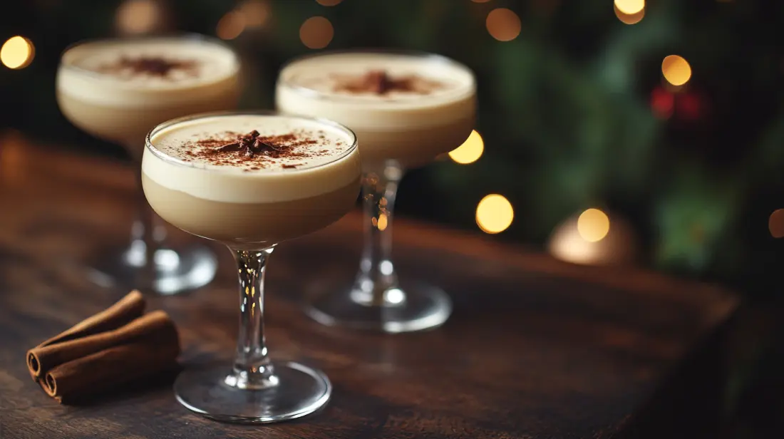 3 eggnog cocktails on a wooden counter